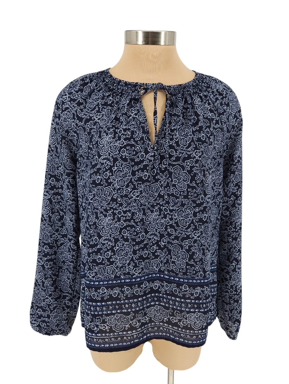 GAP Shirt Navy Blue Floral Long Sleeve Keyhole Neck Popover Peasant Top Small